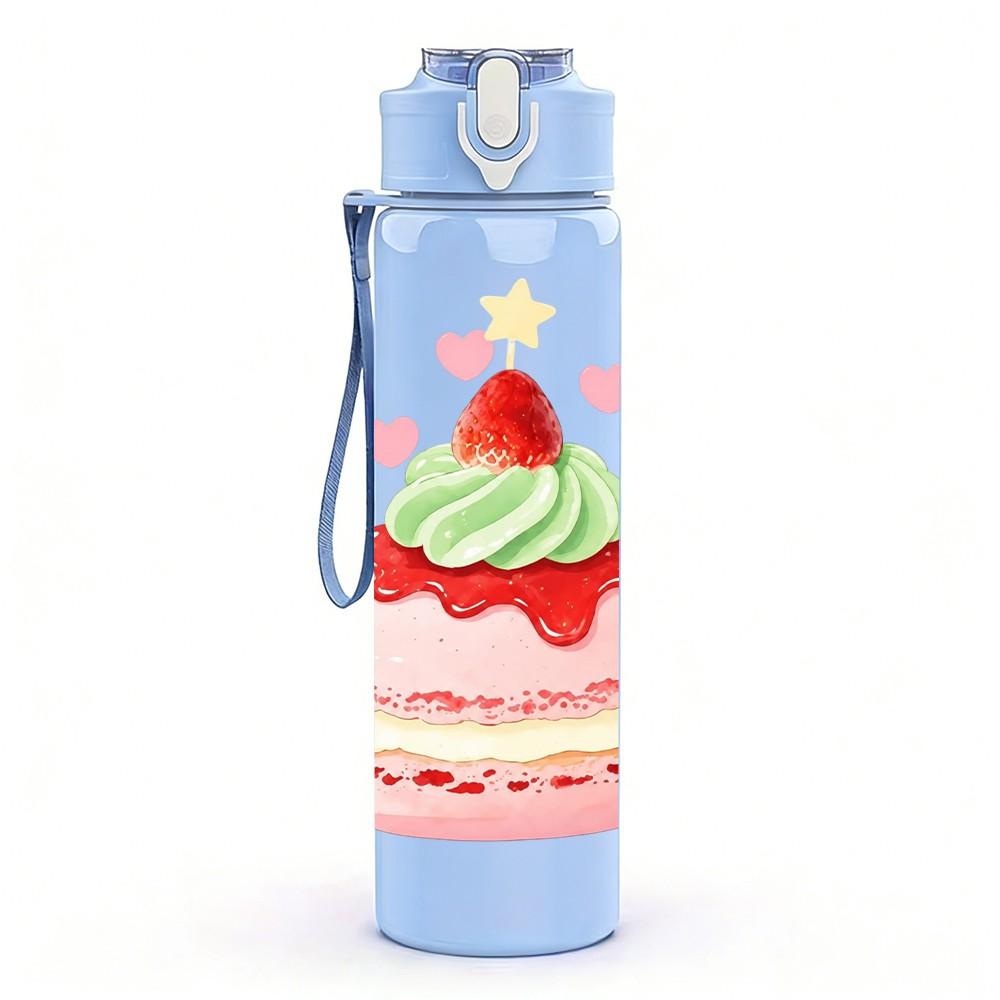 1PC Sweet Birthday Cake Print 750ml Color Plastic Sports Water Bottle Leakproof Flip Straw Lid Suitable for Sports Office Home Use