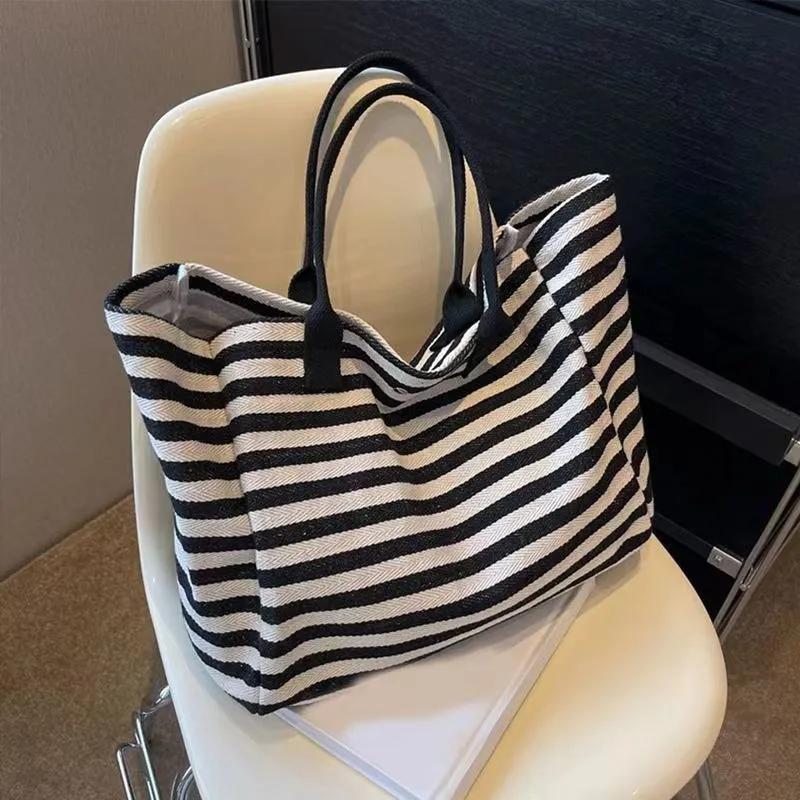 

Striped Casual Tote Bag for Everyday Shopping Large CapacityCanvas Shoulder Bag for Women Student School Bag Campus Commuter Bag