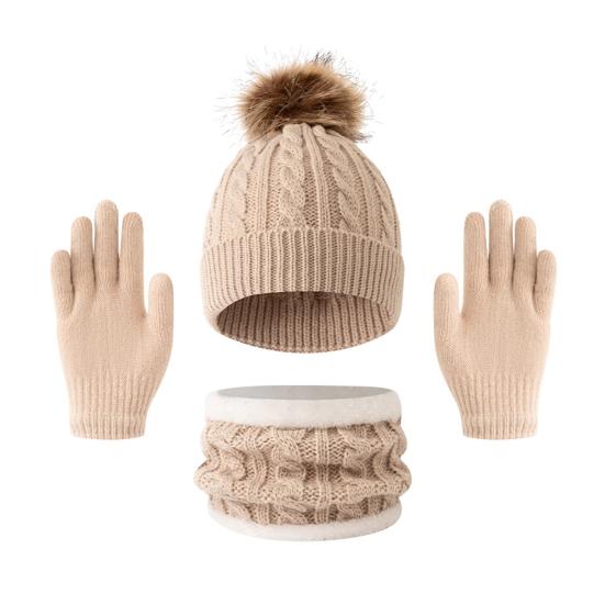 

Набор из 3 предметов для женщин: шапка, шарф, перчатки, однотонный, с плюшевым помпоном, шапка с текстурой «косичка», флисовая подкладка, грелка для шеи, набор перчаток