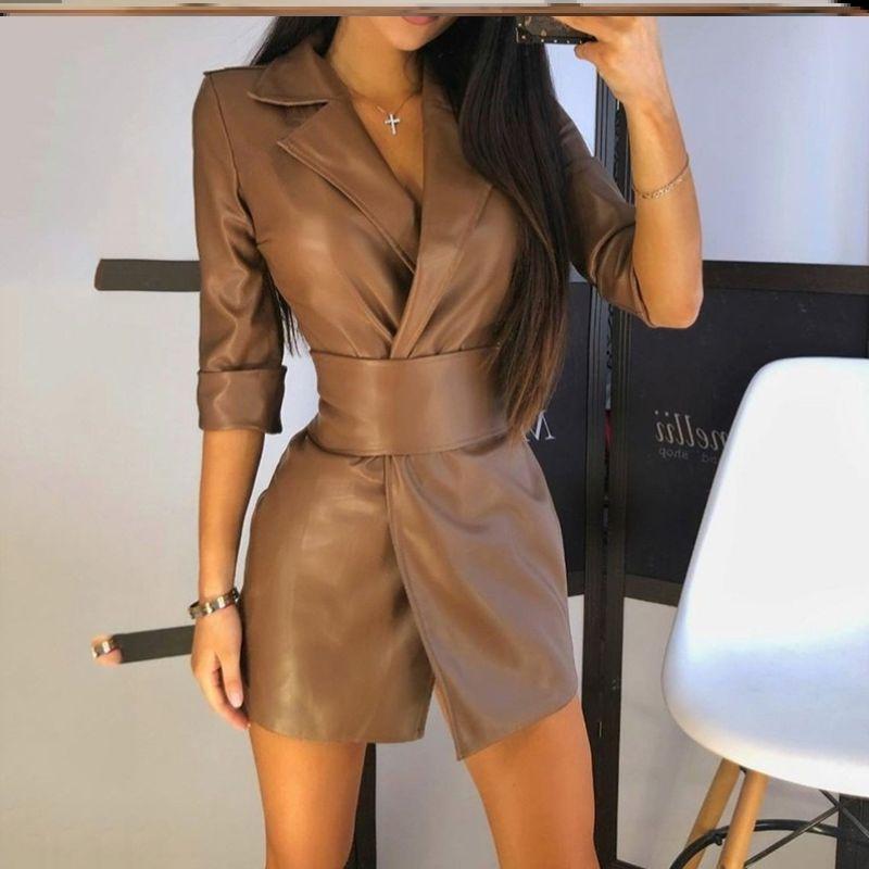 

Solid Color Half Sleeves Women PU Dress U-dark brown-D80 XL