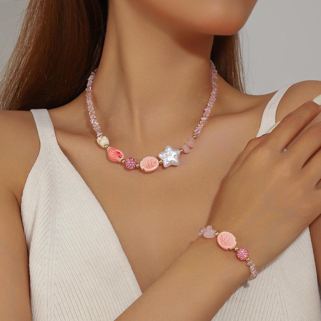 Set Collana e Bracciale Stella Marina in Cristallo per Vacanze al Mare Europeo-Americano