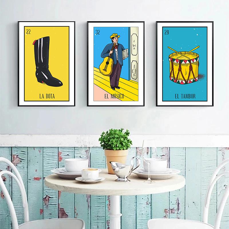 Cartoon Mexican Lottery Hunter Skull Nopal Tarot Card Poster and Prints Canvas Painting Wall Art Pictures Museum Home Decor