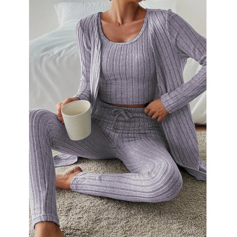 Nieuwe Stijlvolle Ronde Hals Geribbelde Effen Kleur Dames Driekwart Set