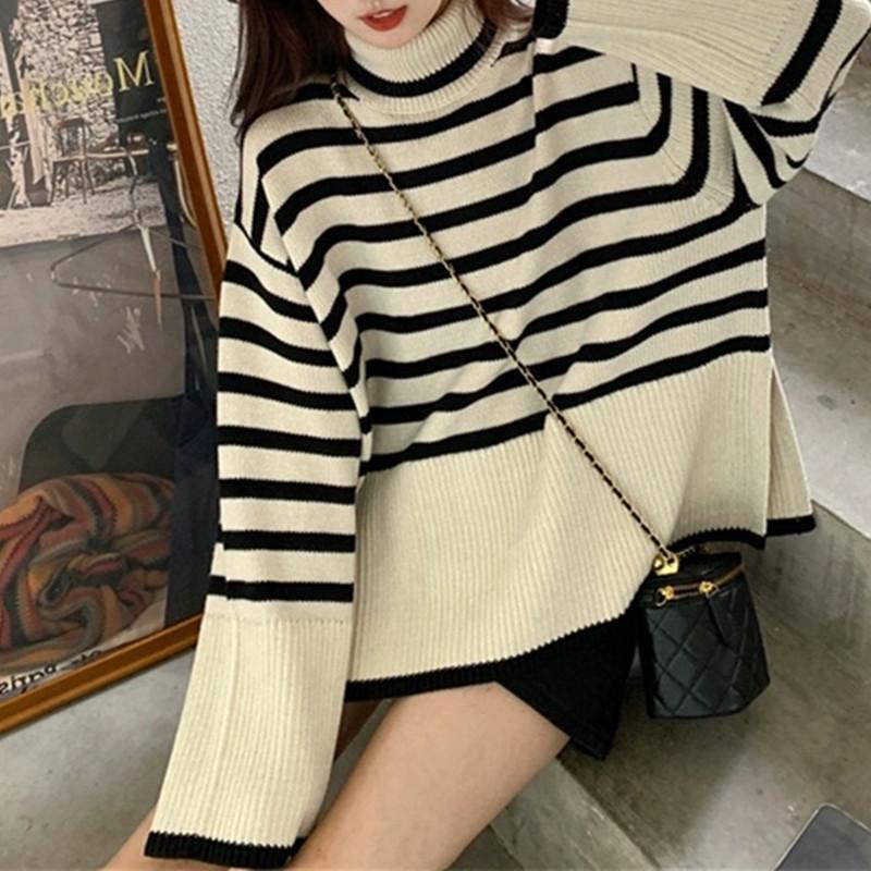 Koreanischer Rollkragen Langarm Strickpullover Damen Herbst Winter Locker Colorblock Streifen Pullover Jacke y2k Oberteil weiblich