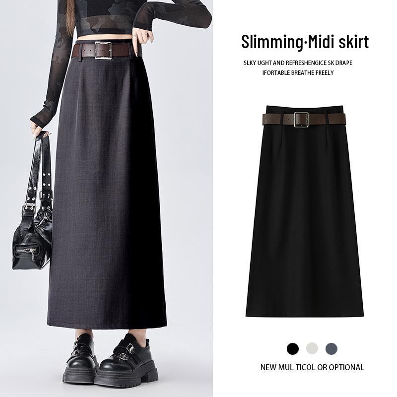 2026 Spring Women s Drapey Slimming High Waist A-Line Skirt with Belt Extra Large чёрный