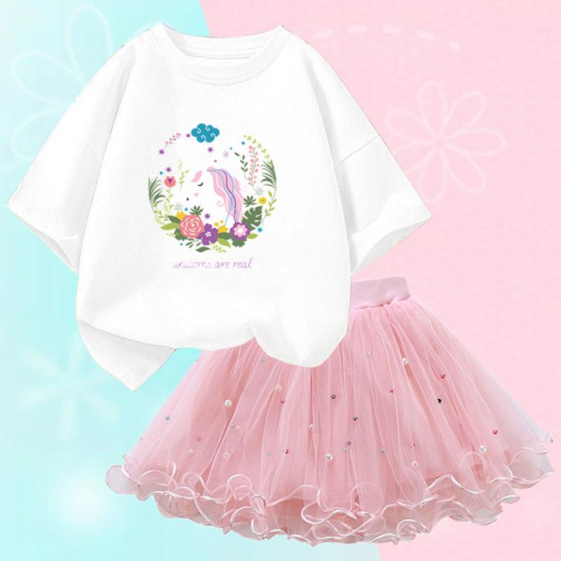 Sommer Mädchen Mode Outfits Kleidung Niedlichen Einhorn T Shirt & Tutu Mesh Rock Zwei Stück Hübsche Mädchen Kleidung Set Mädchen 2-12Y