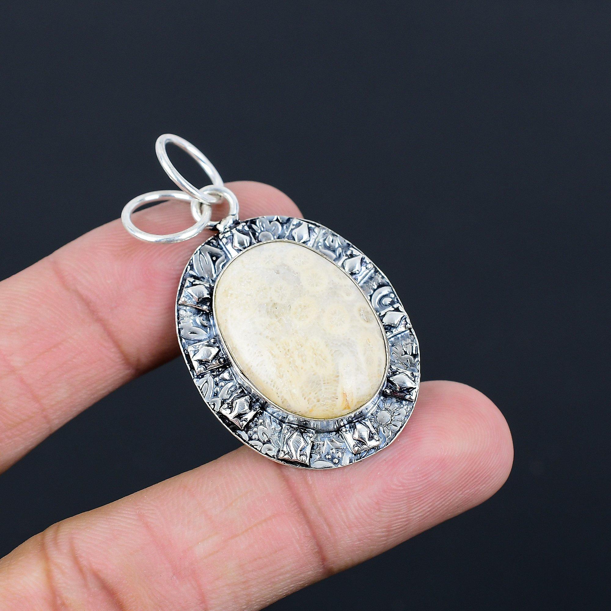 Mothers day Deal Sterling Silver Fossil Coral Gemstone Root Chakra Bezel Pendant