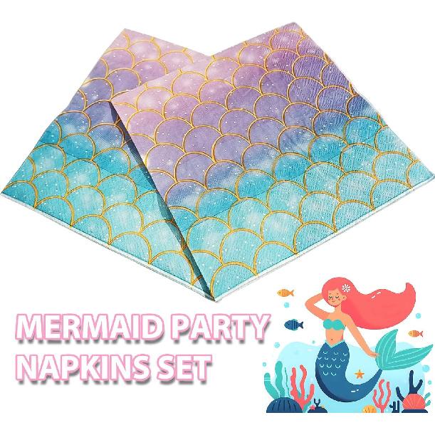 40 Pcs Mermaid Napk Paper Mermaids Themed Birthday Party Napk Mermaids Scales Pattern Napkin Mermaid Gender Reveal Party Decor
