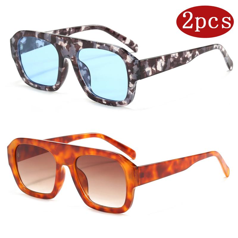 2Pcs Trendy Flat Top Square Frame Sunglasses Women Vintage Polygon Design Sun Glasses Men Leopard Stylish Pilot Shades Uv400
