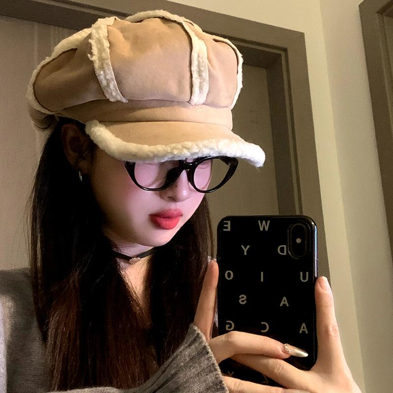 Suede beret children autumn and winter retro versatile duck tongue painter hat thickened warm face small octagonal hat