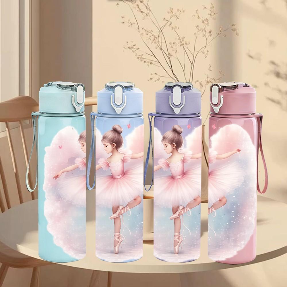 1PC Ballerina Girl Ballet Dancing Cartoon 750ml Color Plastic Sports Water Bottle Leakproof Flip Straw Lid Suitable for Sports Office Home Use