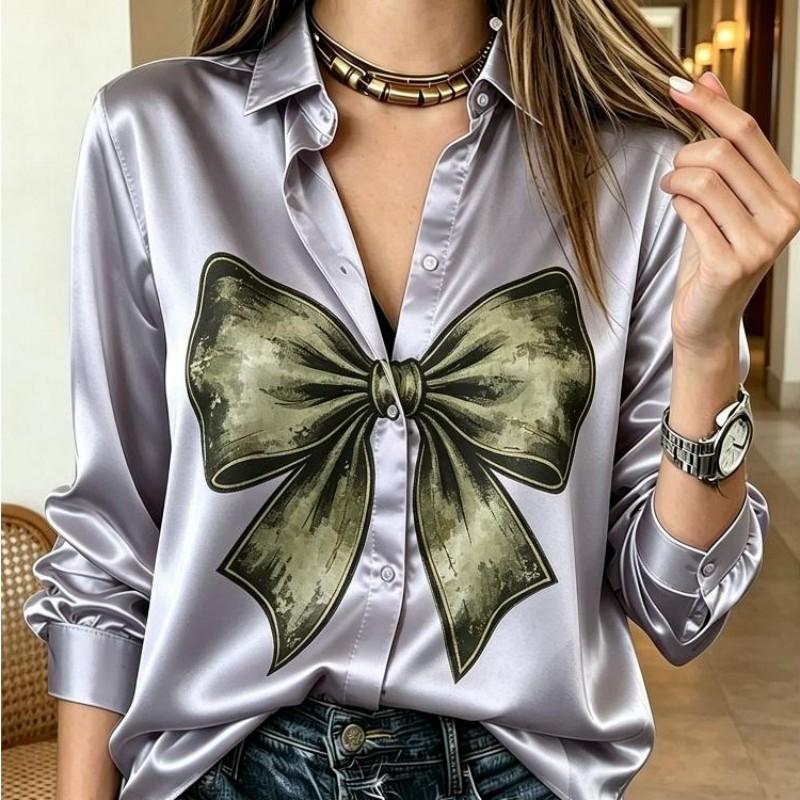Women Satin Vintage Big Bow Print Shirt Long Sleeve Lapel Button Down Blouse Casual Office Ladies Multi Color Top