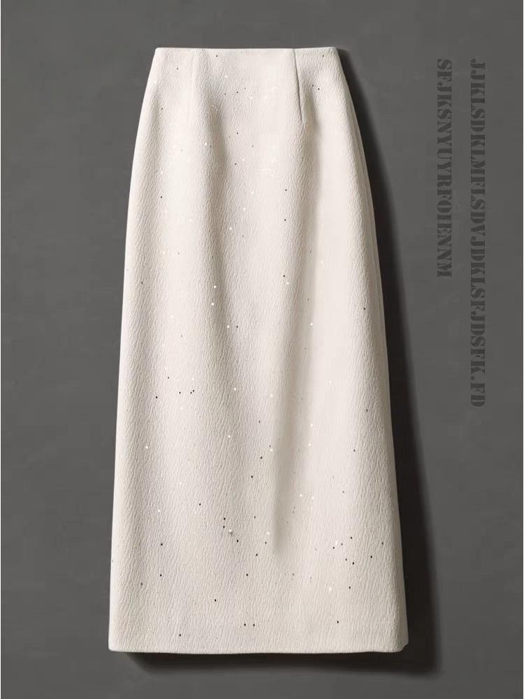 Women's High Waist Wool-Blend Sequined A-line Skirt - Autumn/Winter Slimming Bodycon with Slit