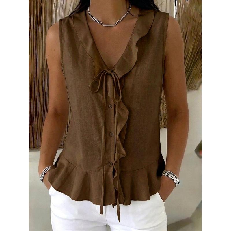 2026 Summer New V-neck Ruffle Trim Tie Sleeveless Top Women's Casual T-shirt