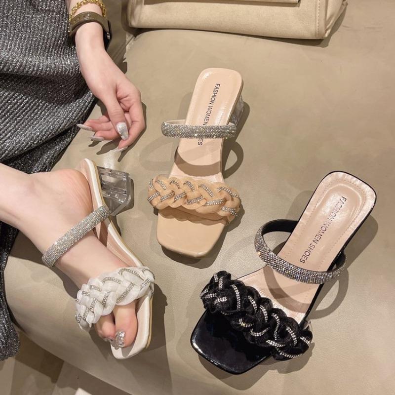 Crystal high-heeled sandals women's new transparent thick-heeled rhinestones outside cool slippers square head one-word women's slippers 42