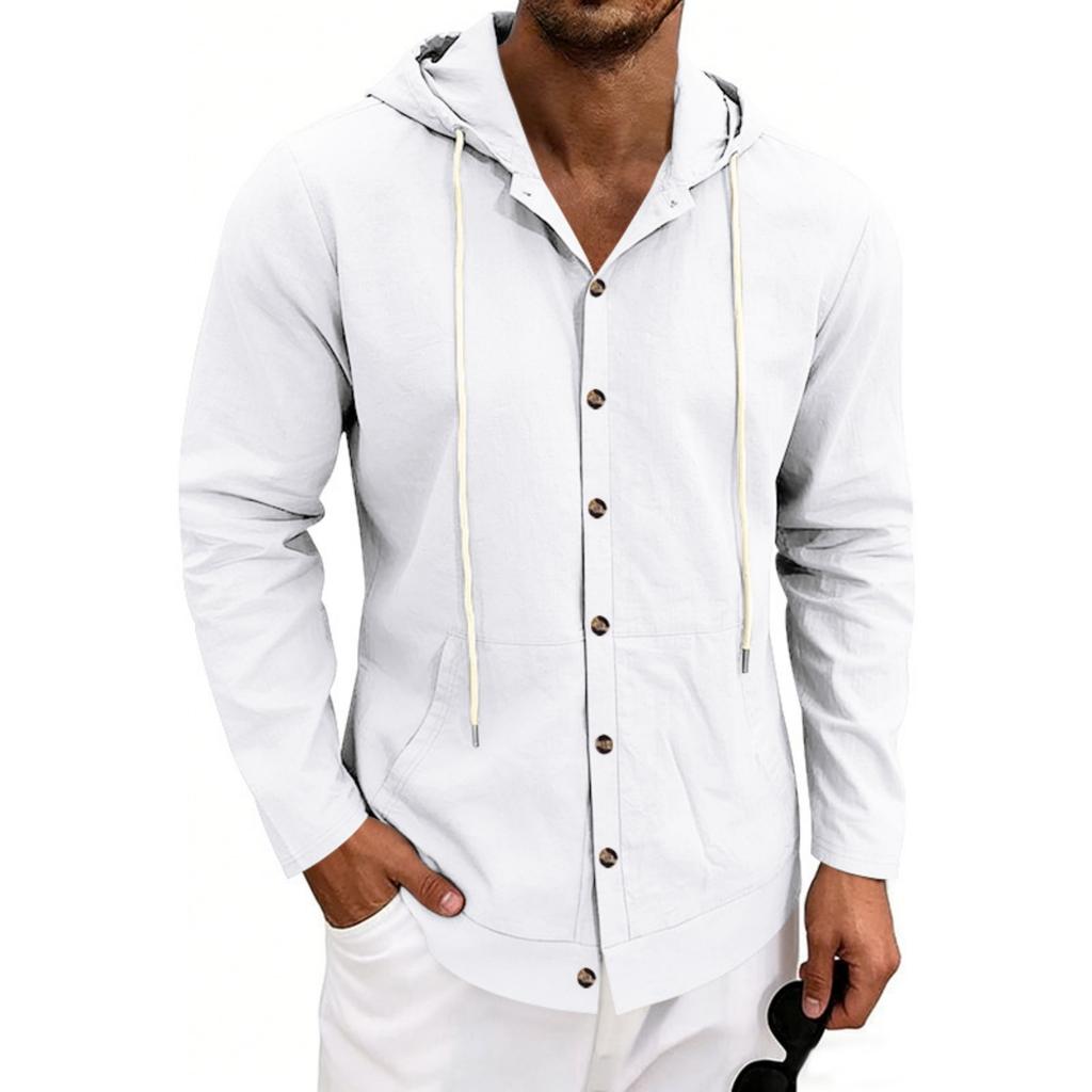 Men's Linen Casual Hooded Long Sleeve Cardigan Shirt for Beach Summer