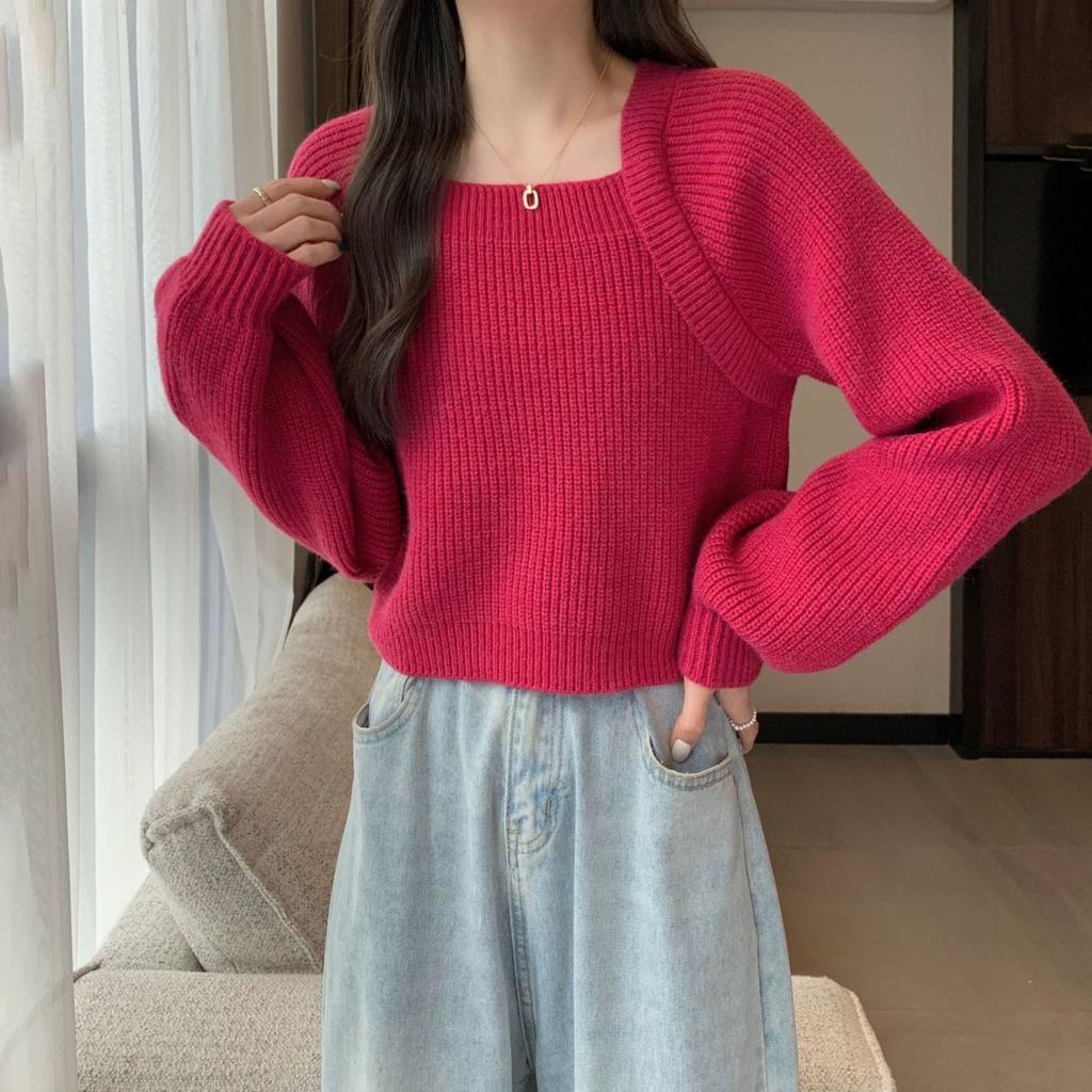 Quadratischer Ausschnitt Strickpullover Damen Herbst und Winter Kurzes Oberteil mit Puffärmeln
