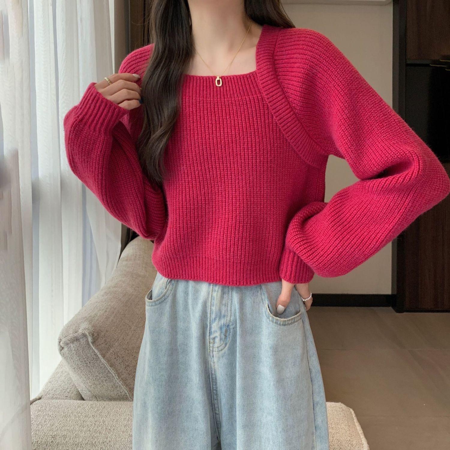 

Square Neck Knitted Sweater Women s Autumn and Winter Short Top with Bubble Sleeves S рожевий червоний колір