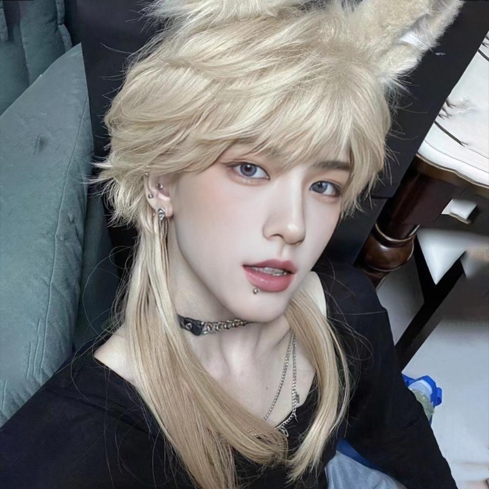 Heat Resistant Mullet Head Wigs with Bangs Straight Anime Men Wigs Long Cosplay Wig Party
