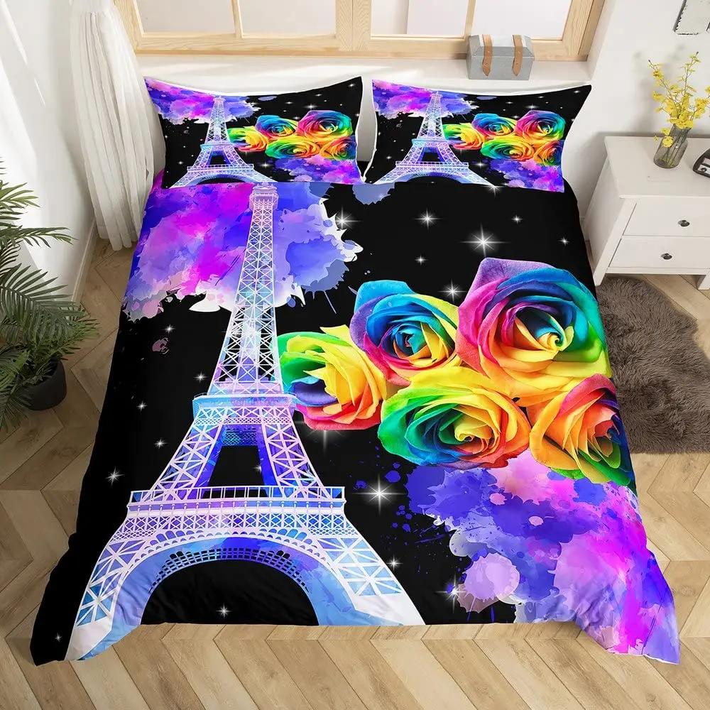 Paris Bettbezug-Set Queen Size Eiffelturm Bettwäsche-Set Mädchen Schwarz und Rosa Paris Deckenbezug Romantischer Französischer Bettdeckenbezug