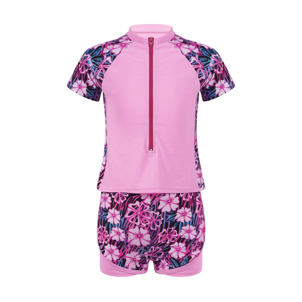 Front Zipper Closure Short Sleeves Stand Collar Tops + Elastic Waistband Shorts Floral Print Quickly Dry Swimwear 2Pcs Sets