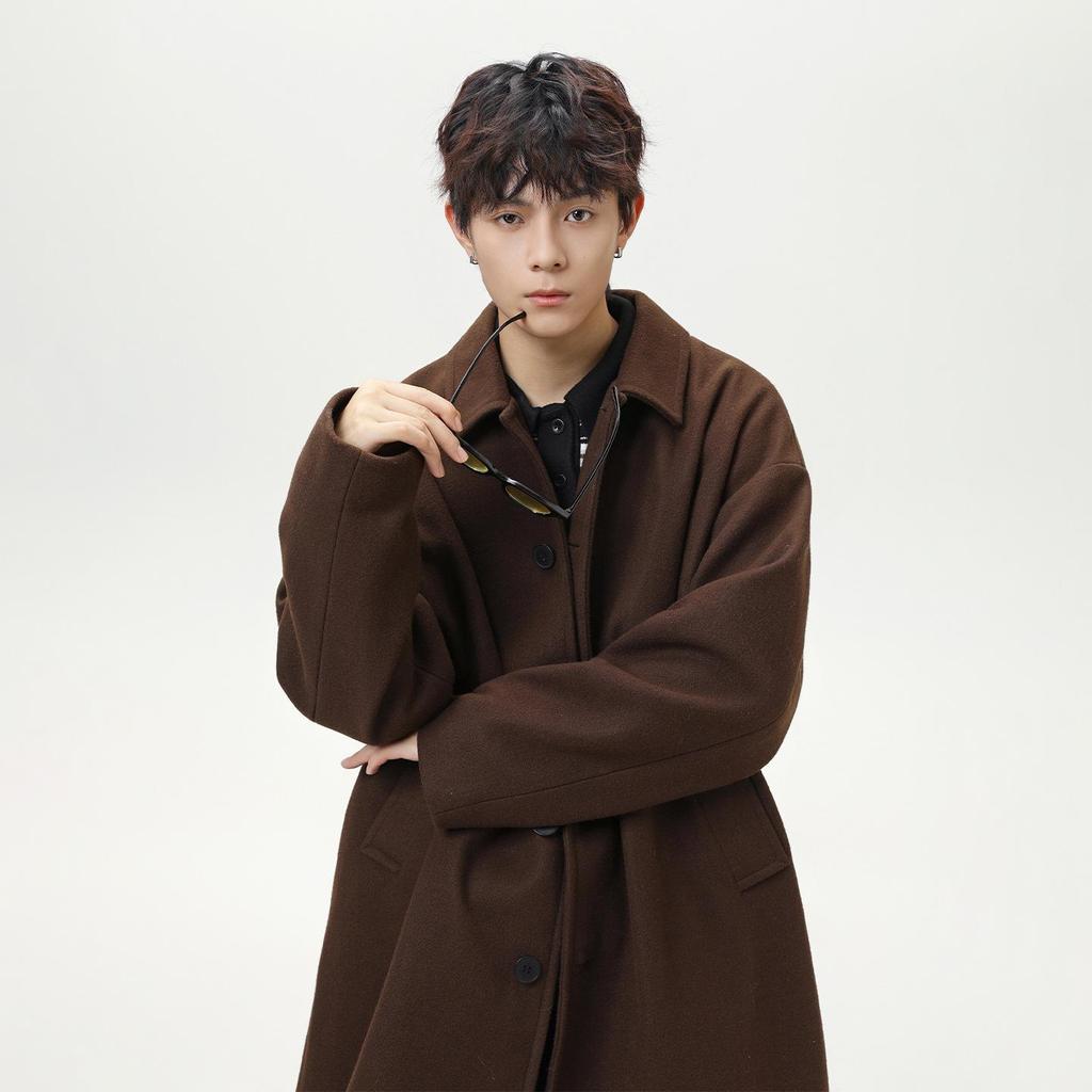 Men's Mid-Length Wool Coat - Dragon & Phoenix Design, Autumn/Winter Korean Style, Thick Windbreaker, Loose Fit, Trendy Brand Lapel Jacket.
