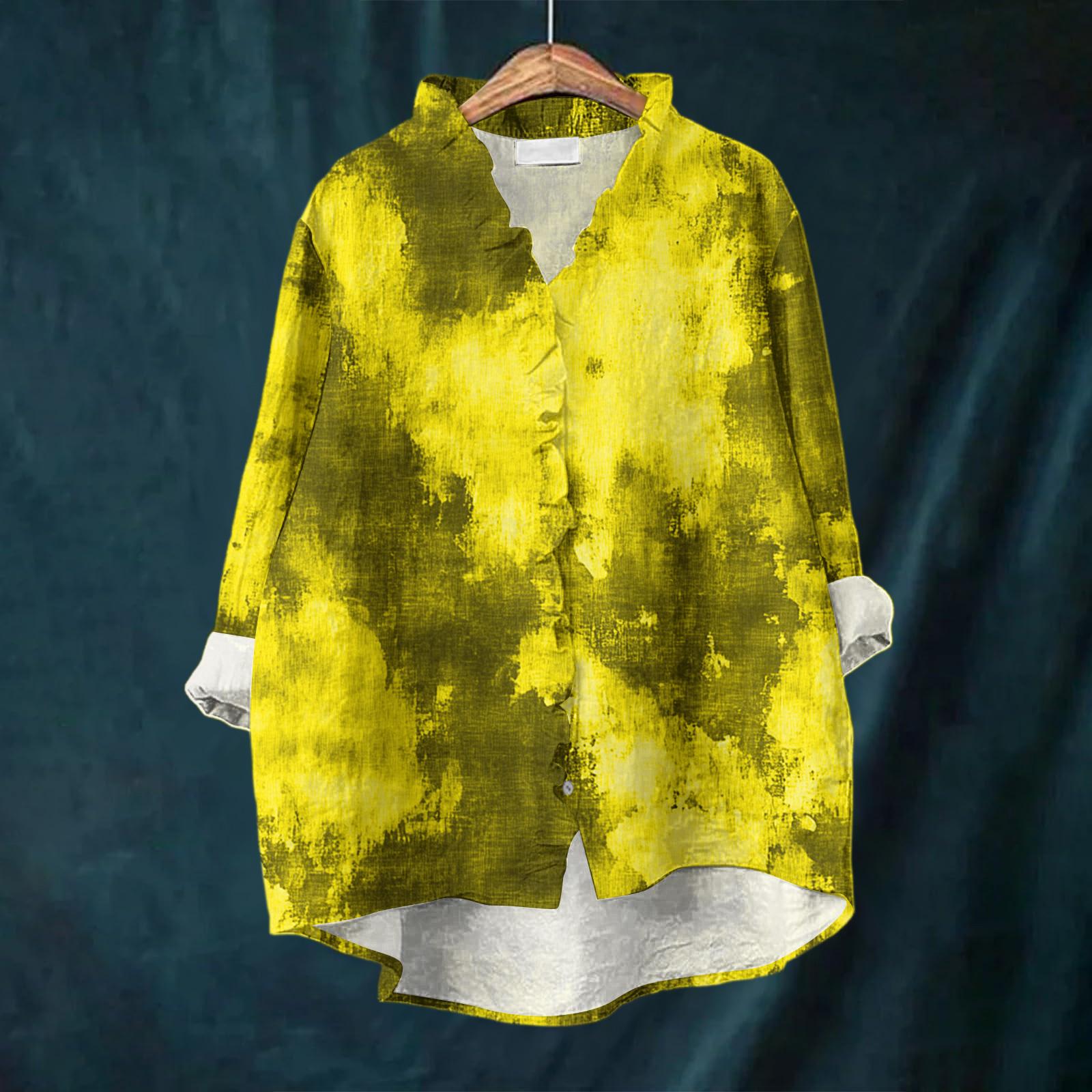 

Женский свободный топ с оборками, цветочным принтом, воротником-стойкой и длинными рукавами из хлопка и льна XL жёлтый