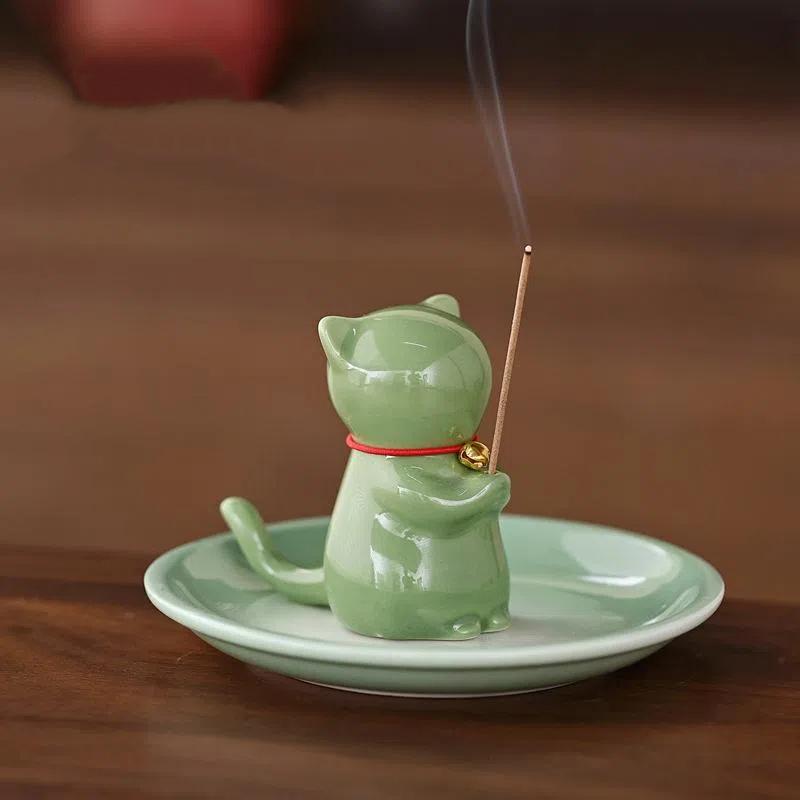 Cute Wishing Cat Ceramic Incense Burner Decoration Indoor Line Incense Holder for Tea Table | Temples Yoga Studios Home Decor