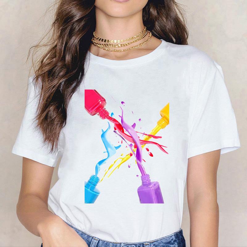 Kpop Fashion Cosmetics 3D Nail Polish Print Tees Women Y2K Tops Summer White Loose Short Sleeve O-Neck Female T-Shirts Blouses