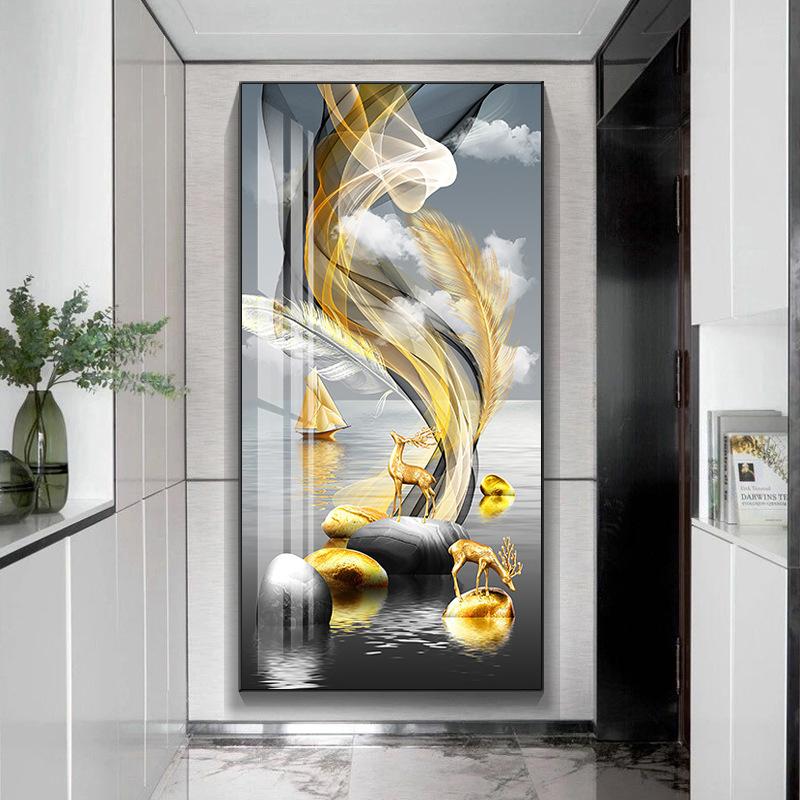 Modern Golden Rich Tree Canvas Painting Wall Art New Chinese Gold Deer Zen Stone Posters for Porch Wall Decoration Room Decor