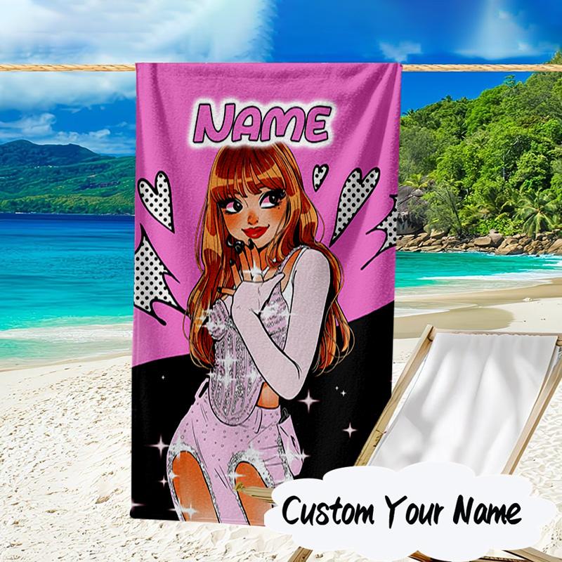 Custom Name Black-pink Signature Microfiber Beach Towel Super Soft & Absorbent for Bath, Beach, Travel Bath Time Accessory, Fan gifts