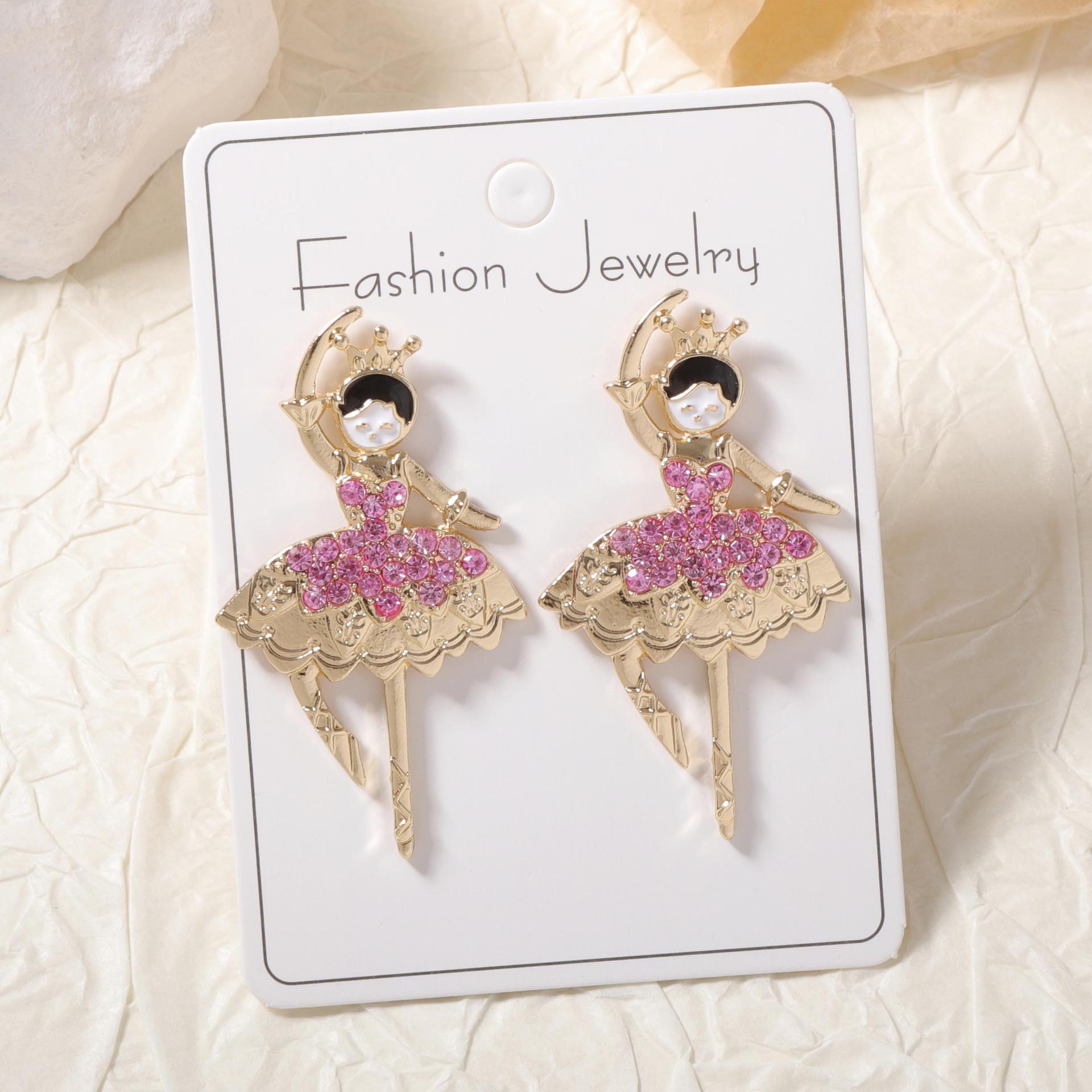 

Metal Rhinestone Ballerina Girl Stud Earrings Women s New Simple Elegant Design Zircon Daily Accessories Яскраво-рожевий