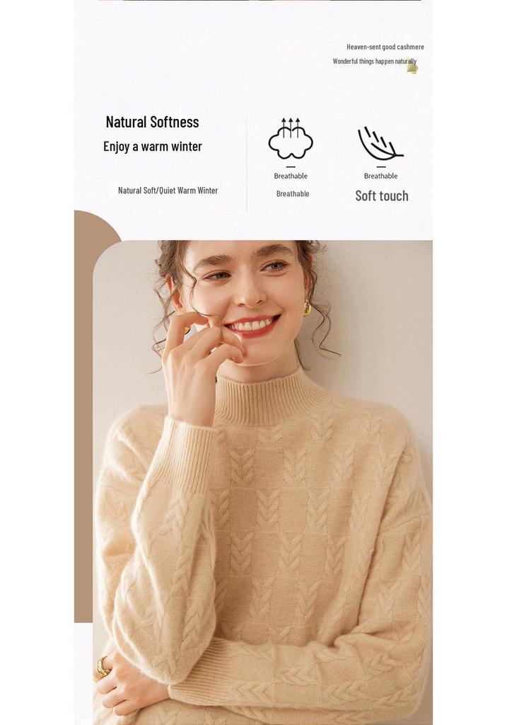 2024 Autumn/Winter Cashmere Sweater: Ladies' Half-High Neck, Wheat Ear Jacquard, Korean-Style Loose Slimming Knitwear