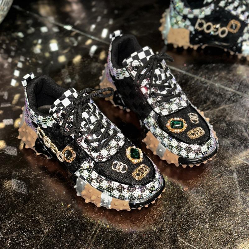 2025 Autumn Women Casual Sneakers Luxury Designers Rhinestone Diamond Thick Bottoms Shoes Female Tennis Trainers Walking Shoes