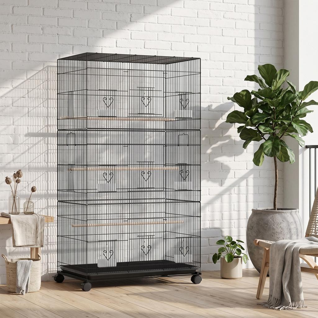 Steel Bird Cage on Wheels, Removable Tray, Doors, Perches, Feeders, 77 x 46.5 x 141 cm, Black