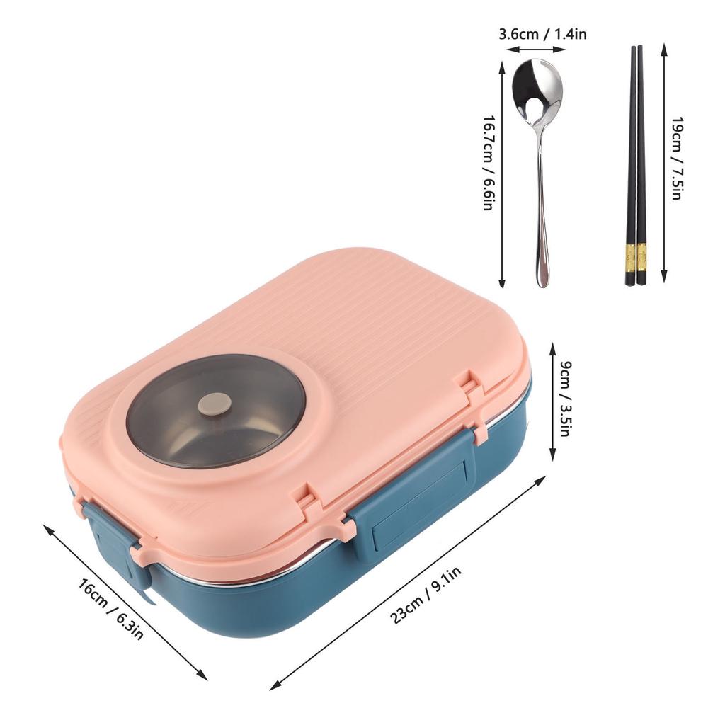 1PC 1100ml Insulated Lunch Box with 3 Grids & Double Layer 304 Stainless Steel Includes Chopsticks Spoon and Soup Bowl Set