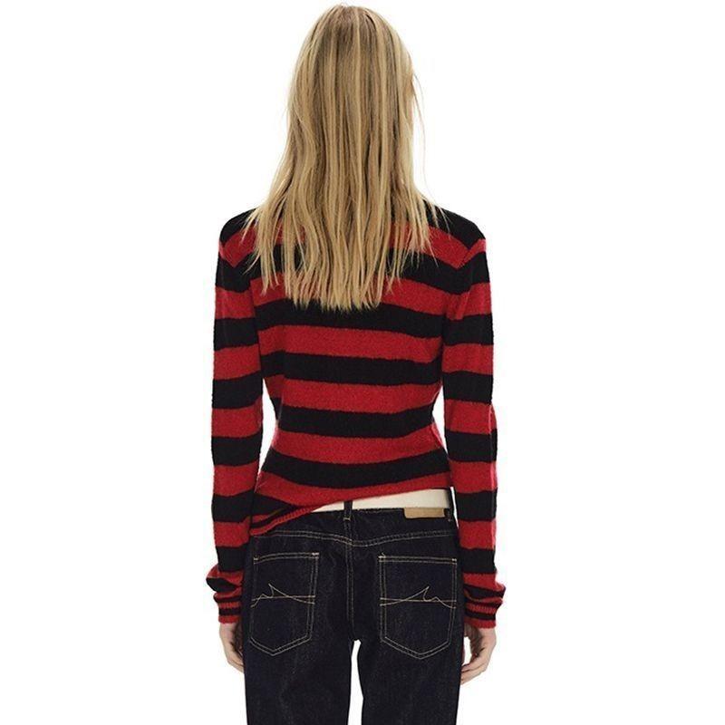 Retro Color-blocked Striped Long-sleeved Sweater for Women Korean Style Lazy Loose Round Neck Pullover Autumn and Winter Sweater
