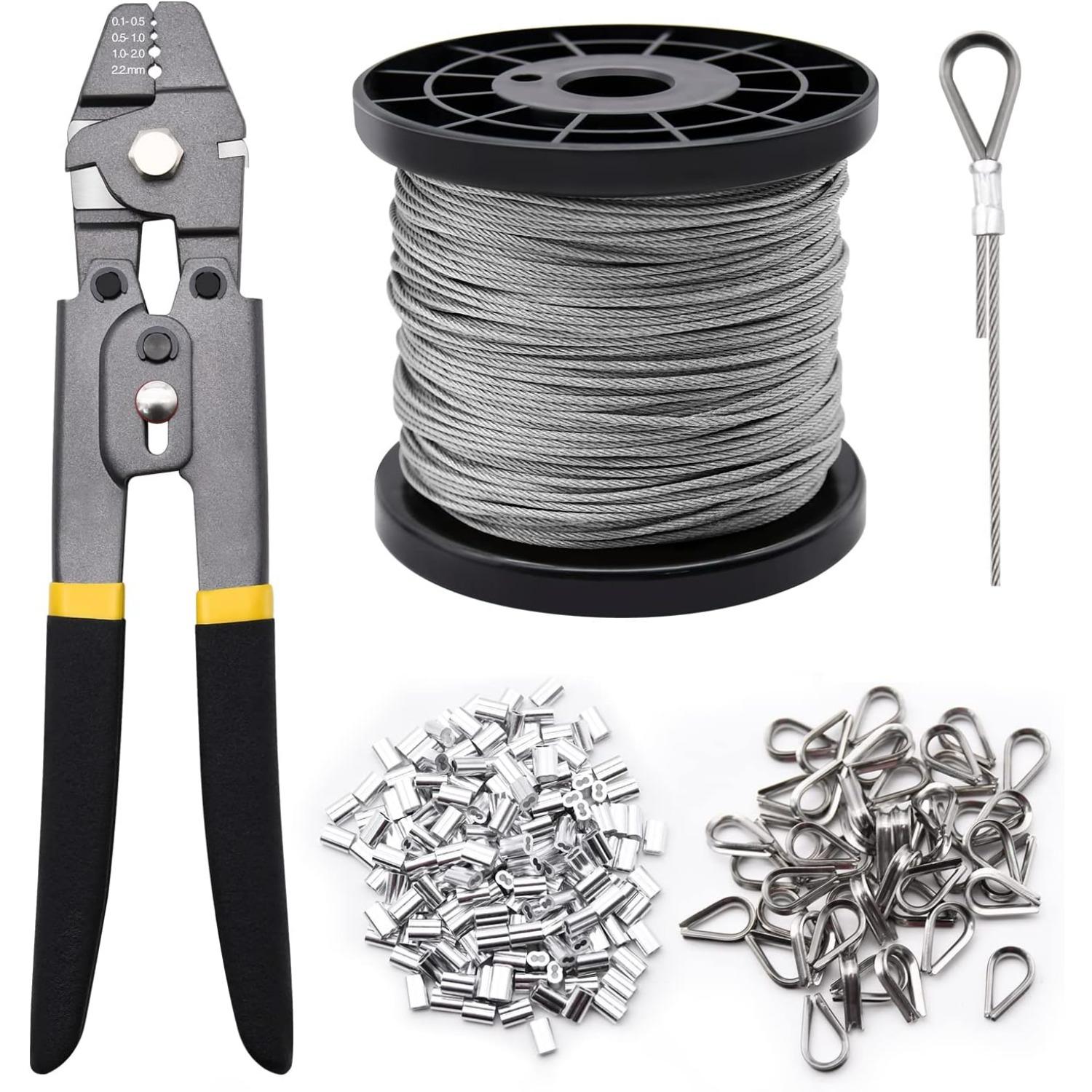 Wire Rope Crimping Tool Kit, 1/16 Stainless Steel Wire Rope Cable with Aluminum Crimping Sleeves and Stainless Steel Thimbles for Railing, Decking S