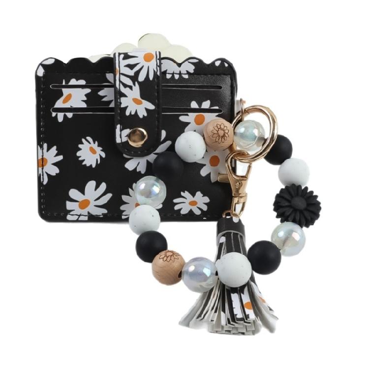 Secure Closure Daisy Beaded Keychain Bracelet Soft PU Leather Women Girls Fashion Accessory