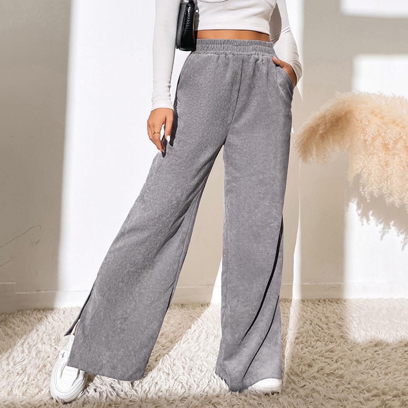 

Новые женские брюки с высокой талией, вельветовые однотонные повседневные брюки с разрезами и подолом XXL серый