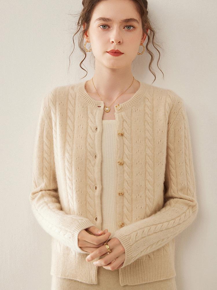 Women's Cashmere Round Neck Cardigan: Elegant Retro Cable Knit, Autumn/Winter Jacquard Outerwear