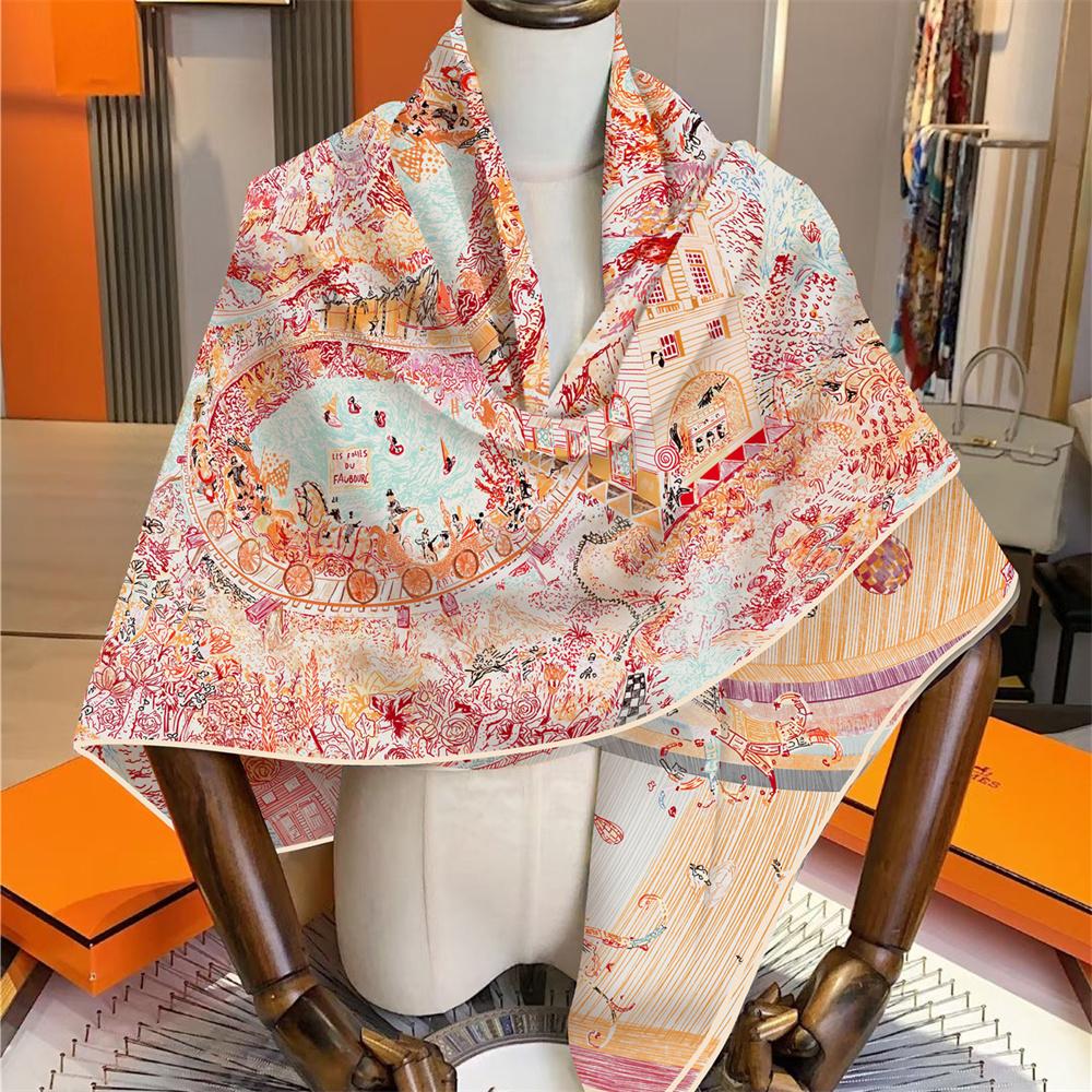 POBING 30% Silk 70% Cashmere Scarf Women Hand Rolled Ocean City Print Square Scarves Wraps Bandana Big Hijabs Female Foulard
