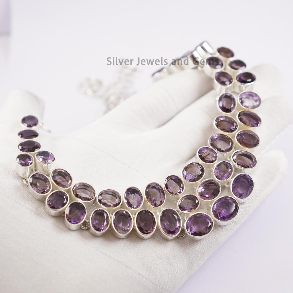 Natural Amethyst Necklace, Handmade Cluster Necklace, 925 Sterling Silver Necklace, Wedding Necklace, Oval Gemstone Statement Necklace