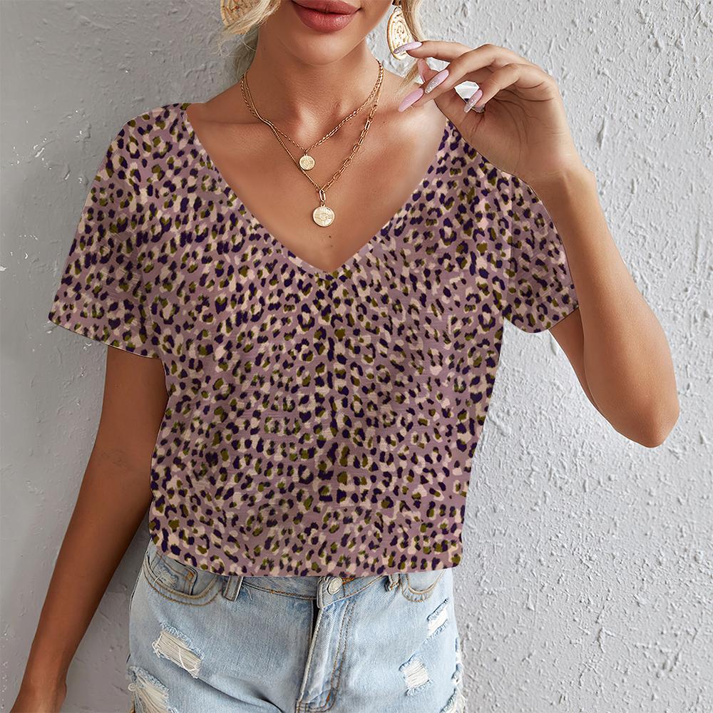 Summer Ladies Leopard Print Oversized T-Shirt Retro Fashion Casual Y2k V-Neck Women's Short-Sleeved T-Shirt