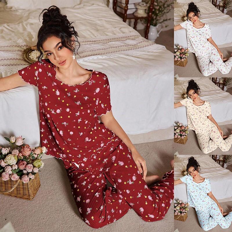 Womens Floral Pajama Set Short Sleeve Long Pants Loungewear 2 Piece