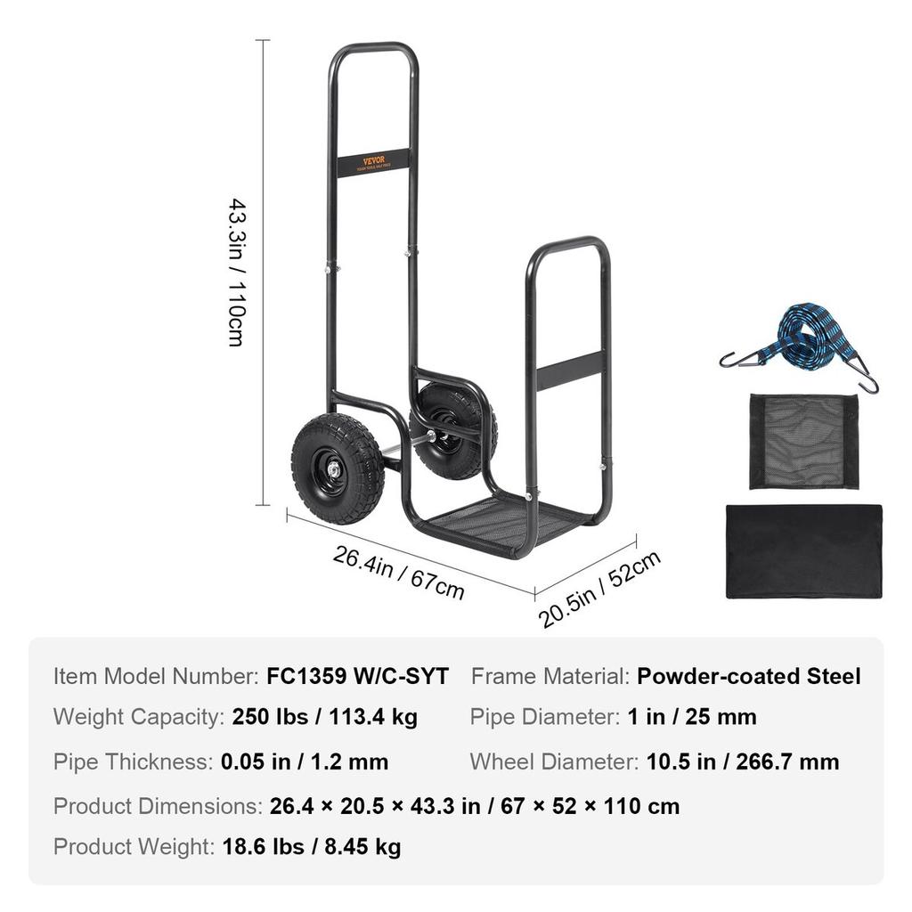Firewood Log Cart, 113.4 kg Capacity, Outdoor and Indoor Wood Rack Storage Mover with PU Wheels & Waterproof Cloth, Heavy Duty Steel Dolly Hauler,