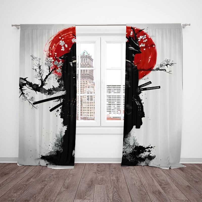 2pcs- Cherry Blossom Sunset Samurai Polyester Curtains, Pole Bag Curtains 42*84, Bedroom, Living Room, Home Room Decoration