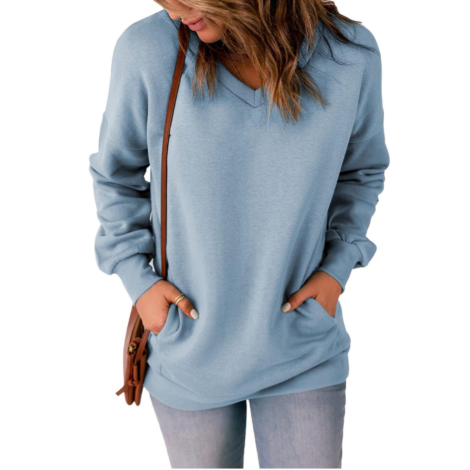 

Женская повседневная толстовка с v-образным вырезом, свободные мягкие пуловеры с длинными рукавами, однотонные рубашки с боковыми карманами XL небесно-голубой