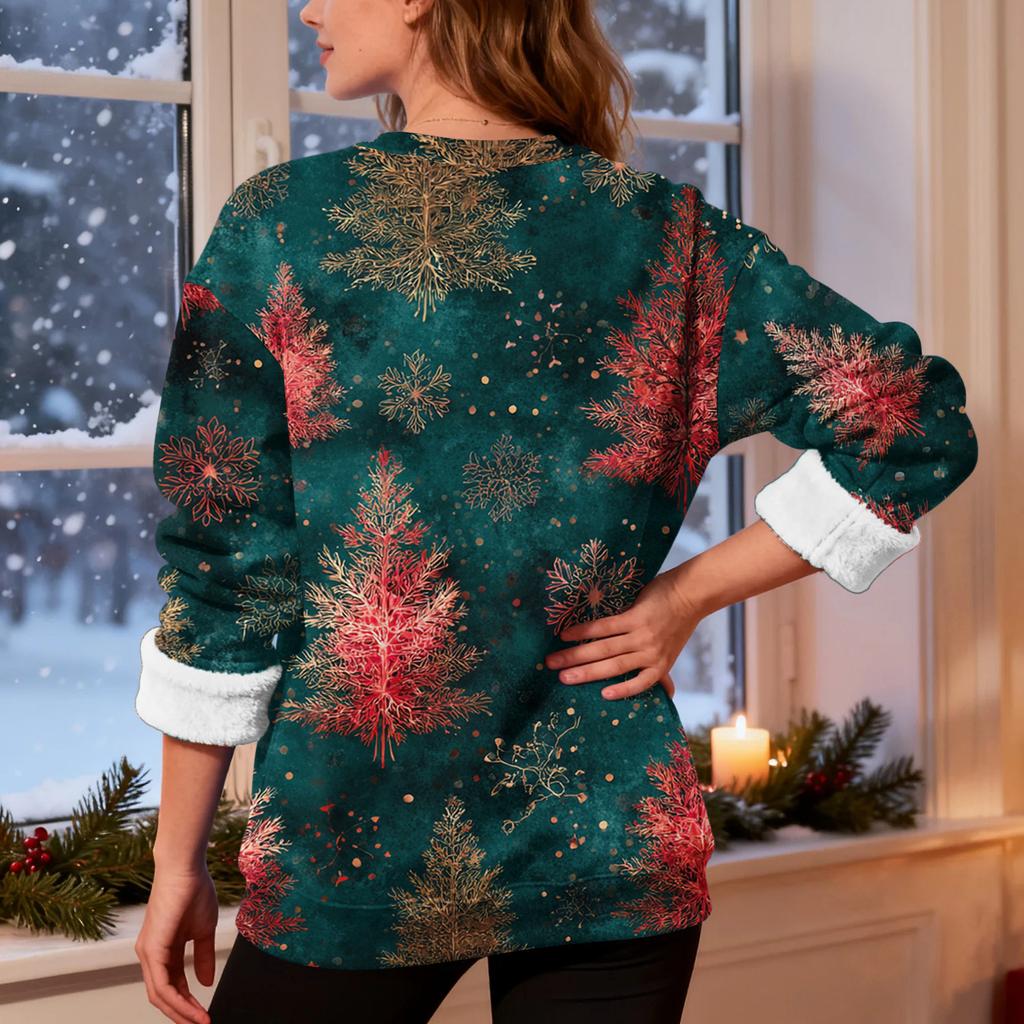 Women's Fashion Casual Long Sleeve Christmas Printed Round Neck Plus Velvet Thickened Sweatshirt