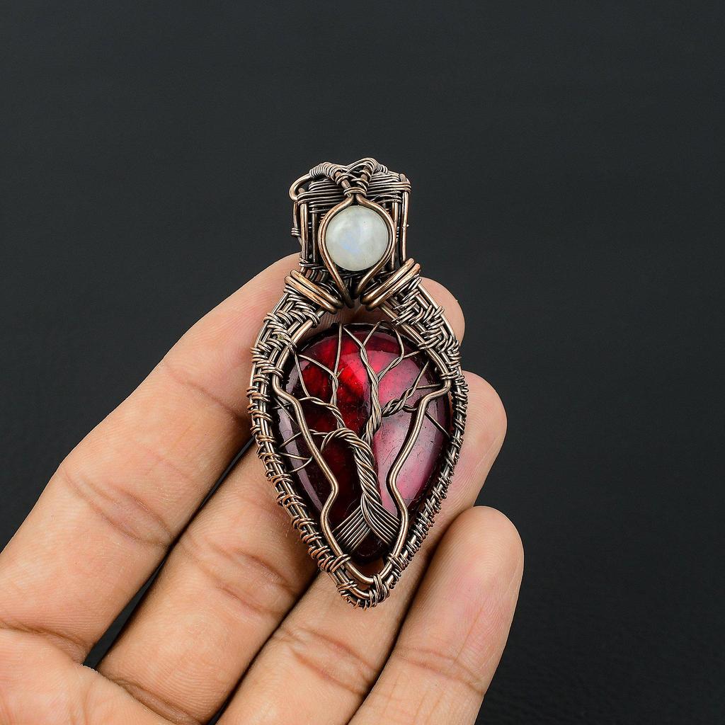Red Flash Labradorite & Rainbow Moonstone Pendant, 999 Copper Wire Wrapped Jewelry, Gemstone Jewelry Pendant, Handmade Wedding Gift Jewelry